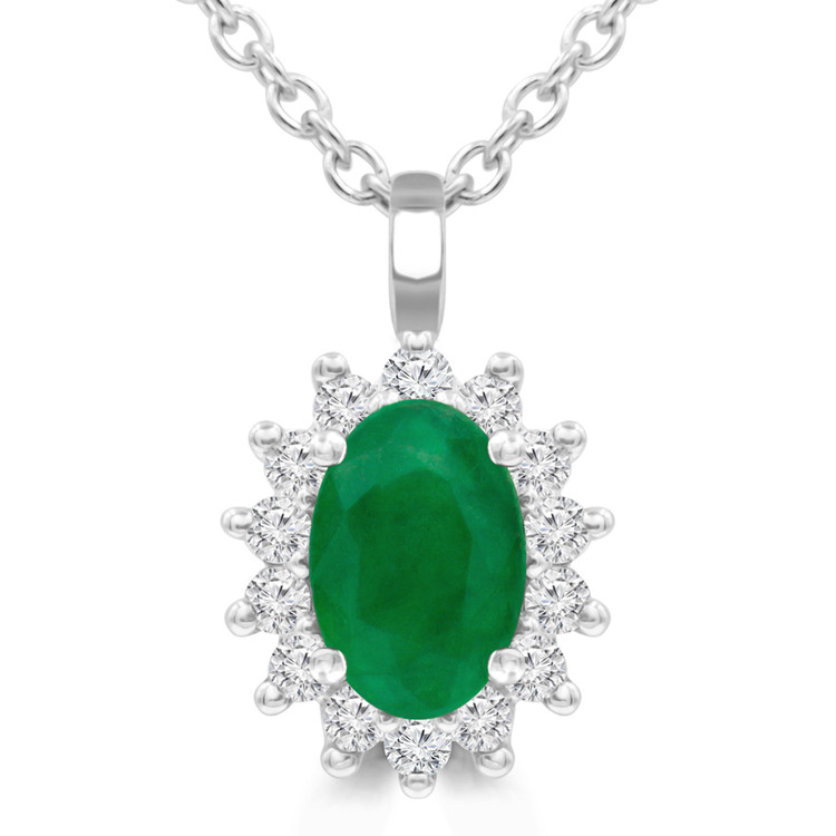 3/5 CTW Oval Green Emerald Floral Halo Pendant Necklace in 14K White Gold (MDR220130)
