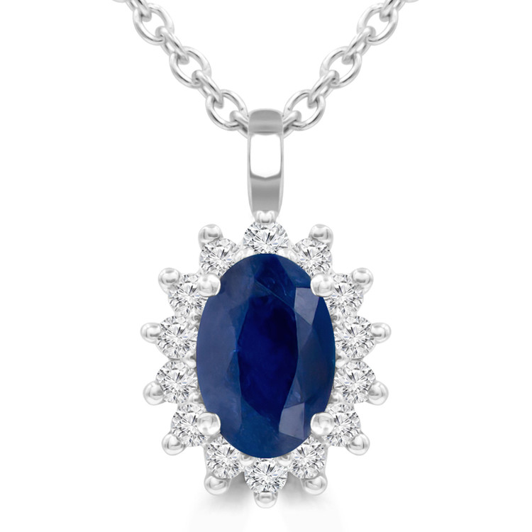 7/8 CTW Oval Blue Sapphire Floral Halo Pendant Necklace in 14K White Gold (MDR220132)