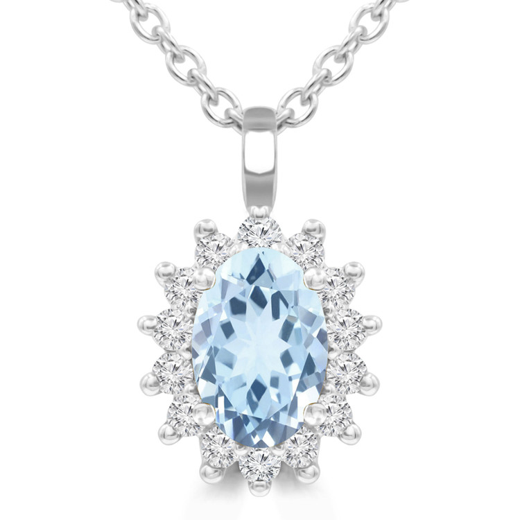 2/3 CTW Oval Blue Topaz Floral Halo Pendant Necklace in 14K White Gold (MDR220133)