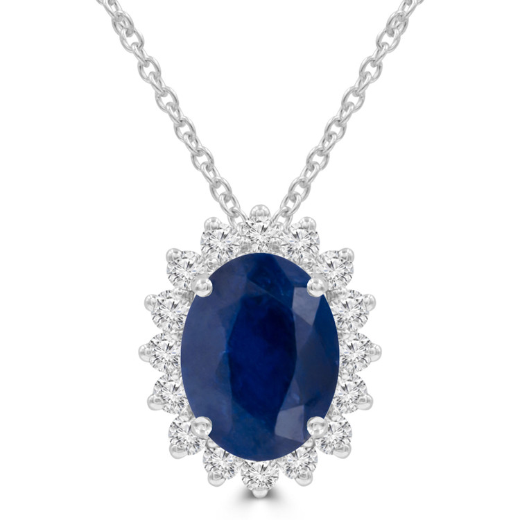 3 4/5 CTW Oval Blue Sapphire Oval Floral Halo Pendant Necklace in 14K White Gold (MDR220137)