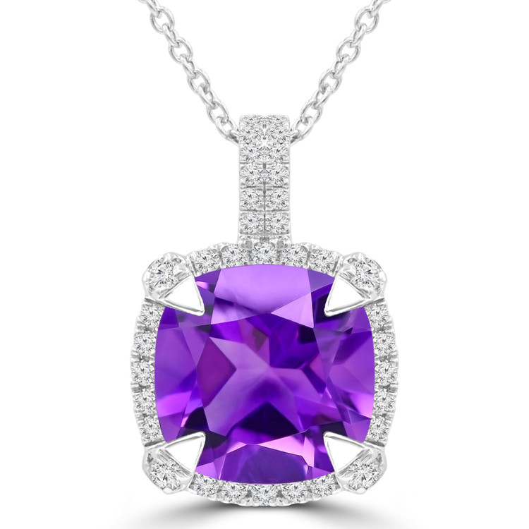 3 2/5 CTW Cushion Purple Amethyst Claw Prong Diamond Cushion Halo Pendant Necklace in 14K White Gold (MDR220149)