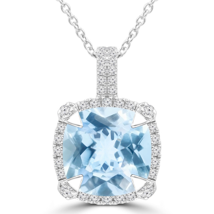 4 9/10 CTW Cushion Blue Topaz Claw Prong Cushion Halo Pendant Necklace in 14K White Gold (MDR220153)
