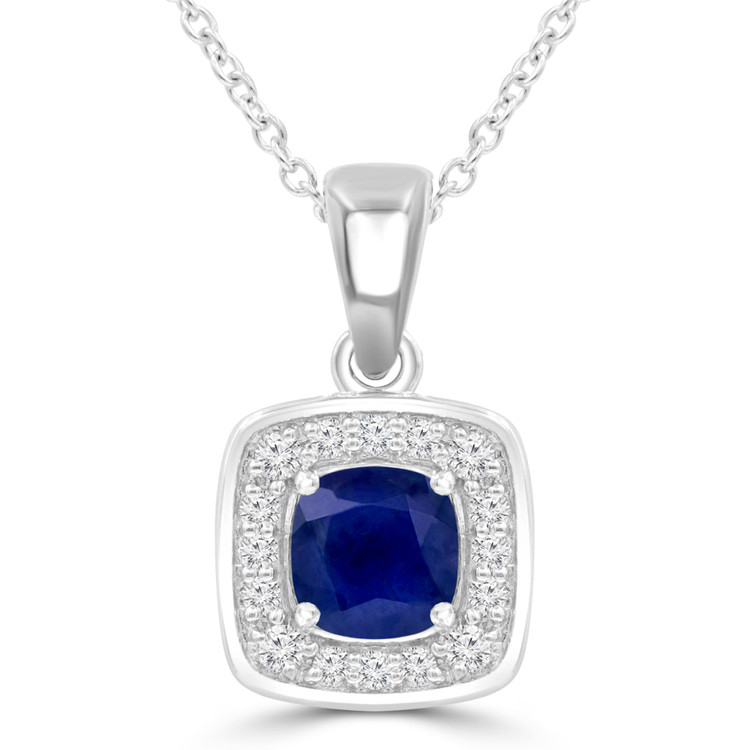 1 1/7 CTW Cushion Blue Sapphire Claw Prong Cushion Halo Pendant Necklace in 14K White Gold (MDR220157)