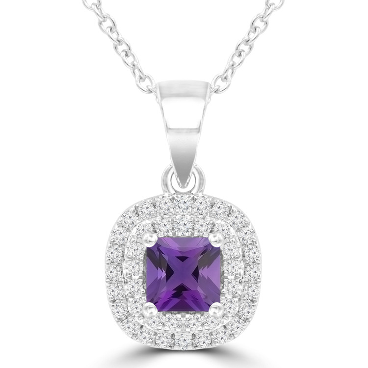 2/5 CTW Princess Purple Amethyst Double Cushion Halo Pendant Necklace in 14K White Gold (MDR220159)