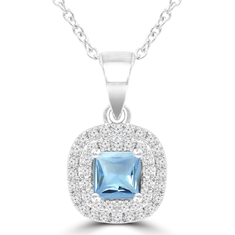3/5 CTW Princess Blue Topaz Double Cushion Halo Pendant Necklace in 14K White Gold (MDR220163)