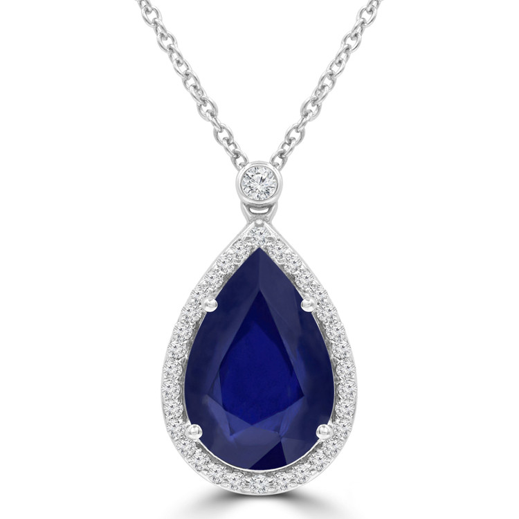 4 3/8 CTW Pear Blue Sapphire Pear Halo Pendant Necklace in 14K White Gold (MDR220177)