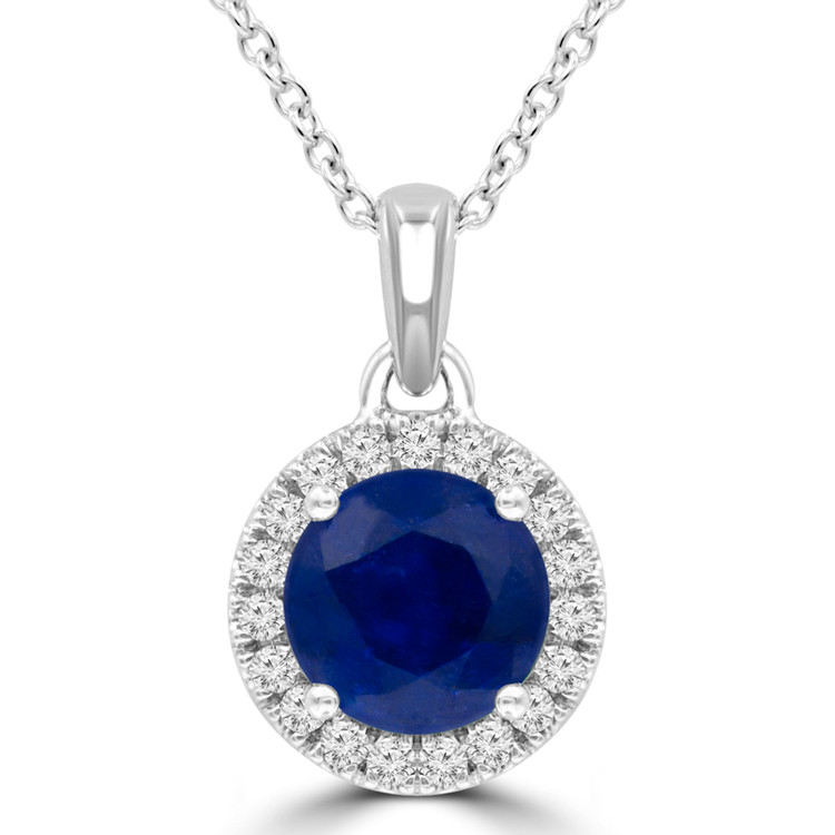 1 1/2 CTW Round Blue Sapphire Halo Pendant Necklace in 14K White Gold (MDR220187)