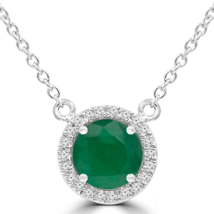 4/5 CTW Round Green Emerald Halo Necklace in 14K White Gold (MDR220193)