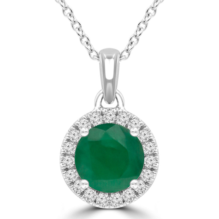 4/5 CTW Round Green Emerald Halo Pendant Necklace in 14K White Gold (MDR220195)