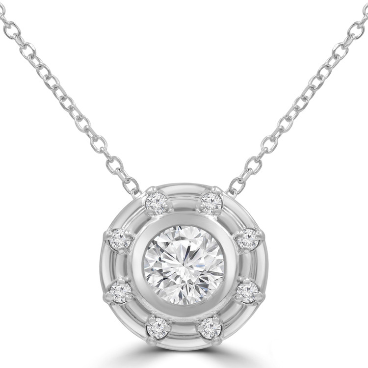 1/2 CTW Round Diamond Bezel Set Sun Halo Pendant Necklace in 14K White Gold (MD220184)