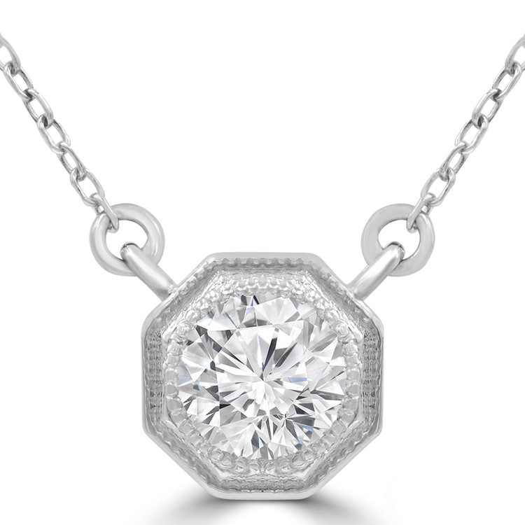 2/5 CT Round Diamond Hexagon Vintage Bezel Set Necklace in 14K White Gold (MD220187)
