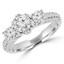 3 3/5 CTW Round Diamond Double 6-Prong Pave Three-Stone Engagement Ring in 14K White Gold (MD220189)