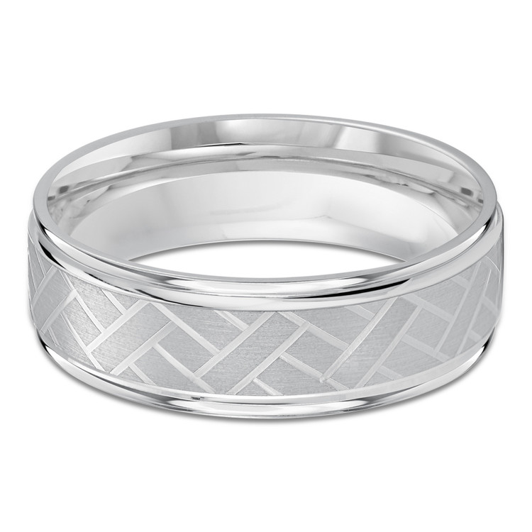 7 MM Satin Finish with High Polish Grooves and Edges Modern Mens Wedding Band in White Gold (MDVB0763)
