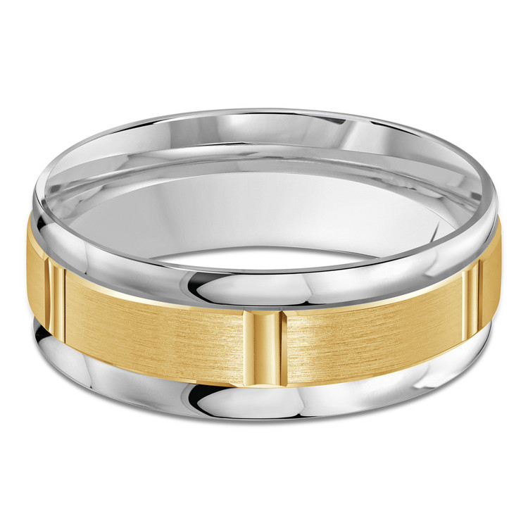 8 MM Satin Finish with High Polish Grooves Modern Mens Wedding Band in Two-tone White & Yellow Gold (MDVB0816)