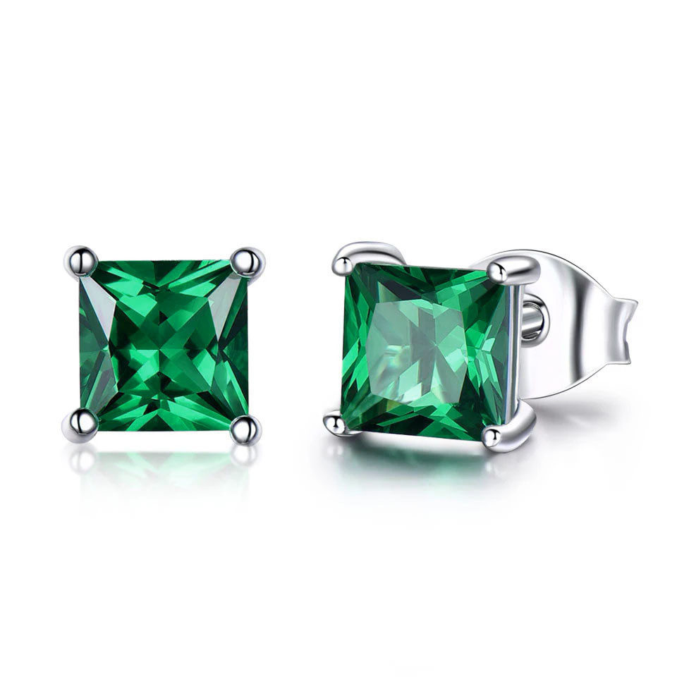Cushion Green Nano Emerald Stud Earrings in 0.925 White Sterling Silver (MDS210261)