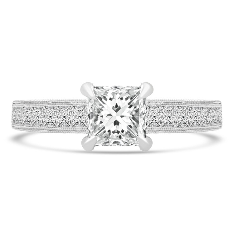 2 1/10 CTW Princess Diamond Vintage Cathedral Solitaire with Accents Engagement Ring in 18K White Gold With Channel Set Accents (MD220289)
