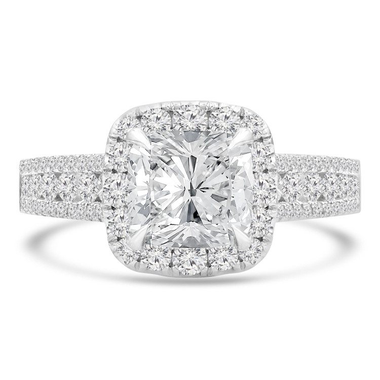 2 1/2 CTW Cushion Diamond Cathedral Three-row Cushion Halo Engagement Ring in 18K White Gold (MD220291)