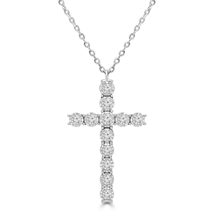 1/3 CTW Round Diamond Illusion Bezel Set Cross Pendant Necklace in 14K White Gold (MDR220255)