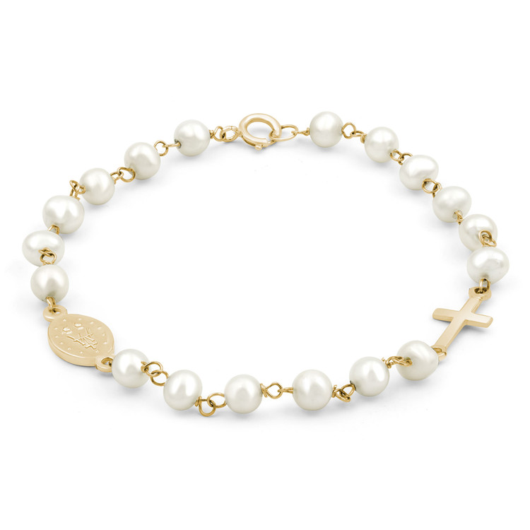 Round White Pearl Baby Baptism Cross and Saint Medal Chain Bracelet in 14K Yellow Gold (MDR220257)