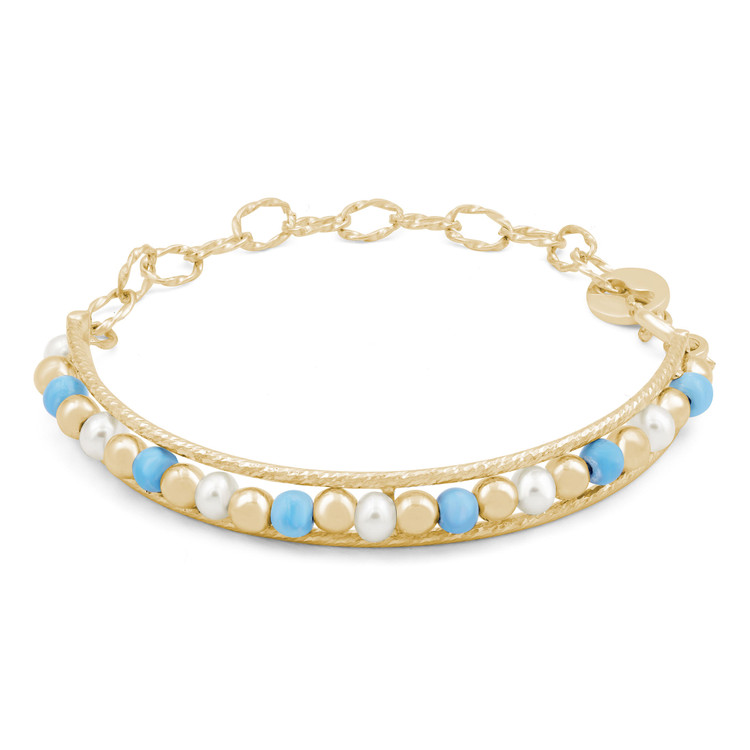 Round White Pearl & Turquoise Baby Bangle Bracelet in 14K Yellow Gold (MDR220259)
