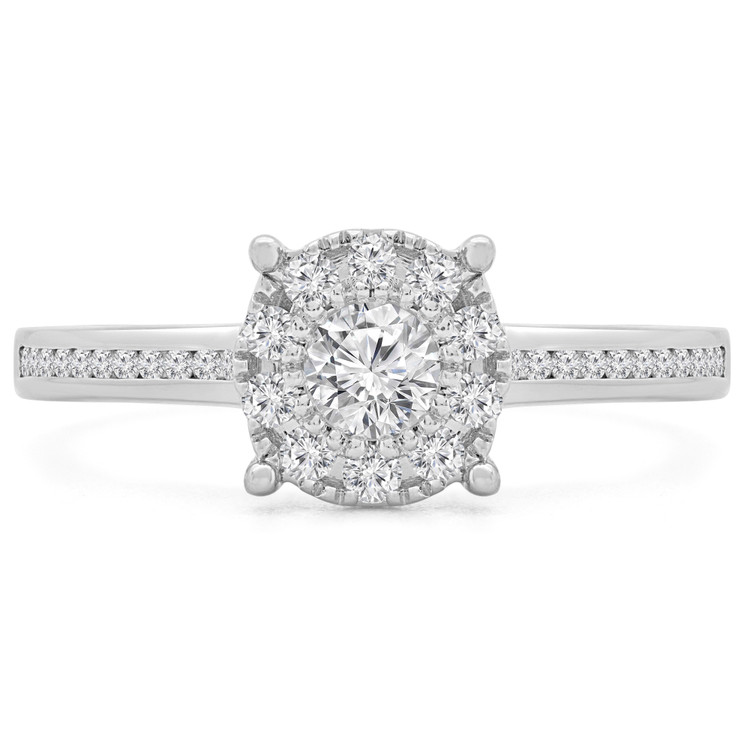 1/2 CTW Round Diamond Halo Engagement Ring in 14K White Gold with Channel set Accents (MD230064)