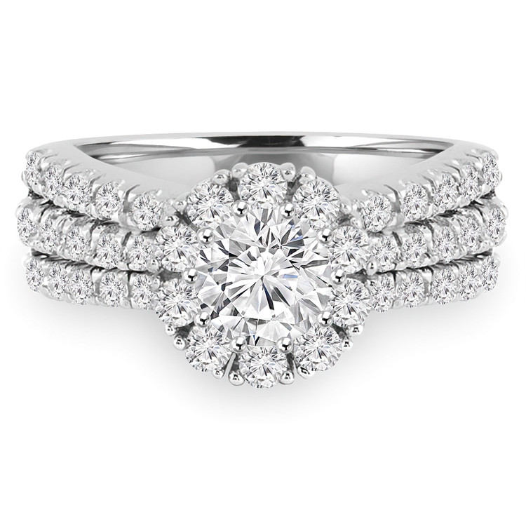 1 1/3 CTW Round Diamond Three-row Tappered Halo Engagement Ring in 14K White Gold with Accents (MD230123)
