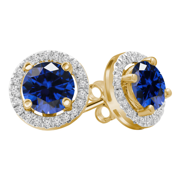 2 1/2 CTW Round Blue Sapphire 4-Prong Halo Stud Earrings in 14K Yellow Gold (MD230167)