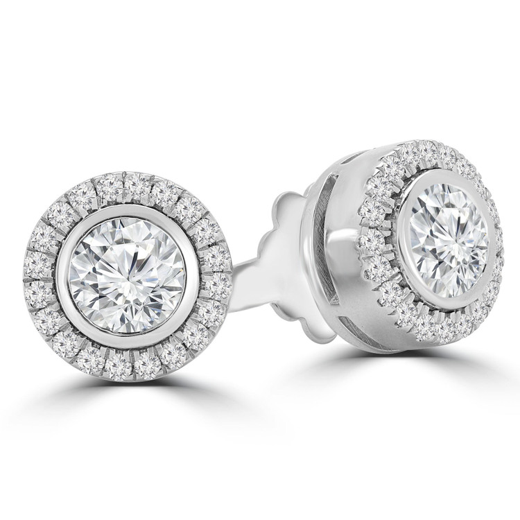1 CTW Round Diamond Bezel Set Halo Stud Earrings in 14K White Gold (MD230180)