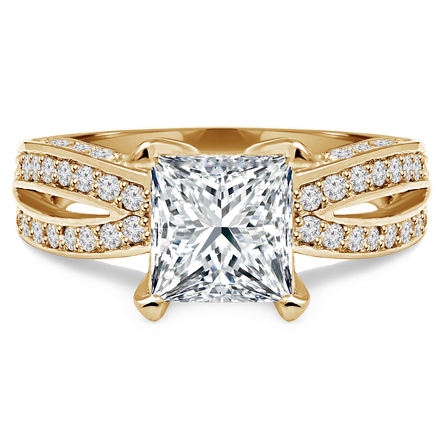 Princess Diamond Split-Shank Solitaire with Accents Engagement Ring in Yellow Gold (MVS0046-Y)