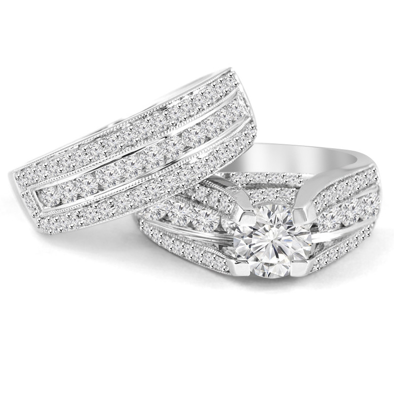 Round Diamond Solitaire with Accents Engagement Ring and Wedding Band Set Ring in White Gold (MVS0081-W)