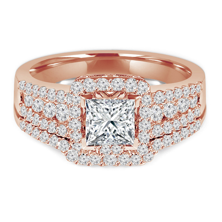 Princess Diamond Square Halo Engagement Ring and Wedding Band Set Ring in Rose Gold (MVS0111-R)