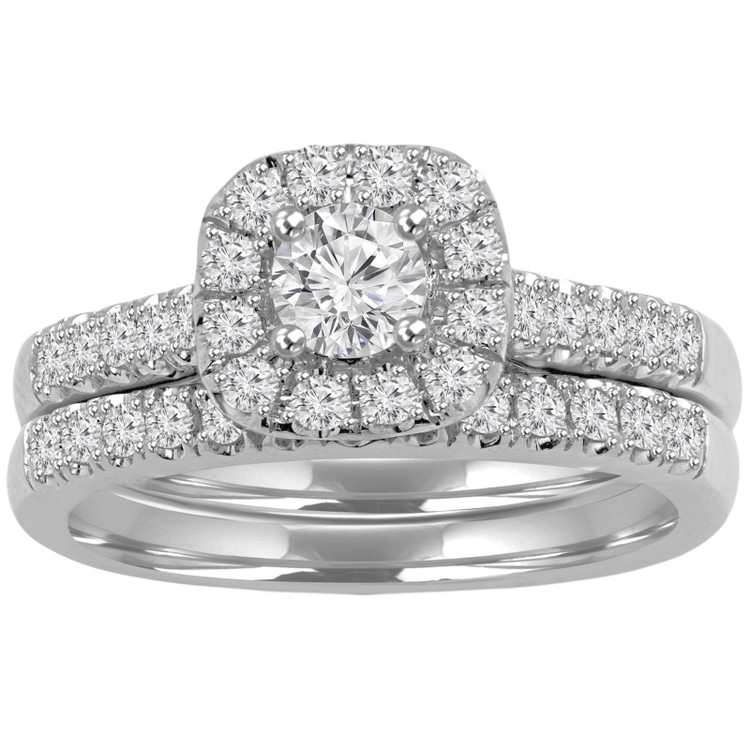 Round Diamond Cushion Halo Engagement Ring and Wedding Band Set Ring in White Gold (MVS0134-W)