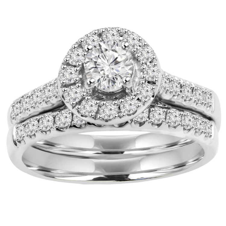 Round Diamond Round Halo Engagement Ring and Wedding Band Set Ring in White Gold (MVS0136-W)