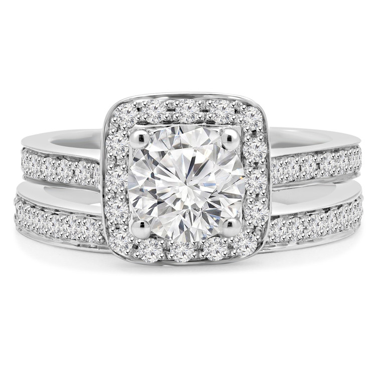 Round Diamond Cushion Solitaire with Accents Engagement Ring and Wedding Band Set Ring in White Gold (MVS0165-W)