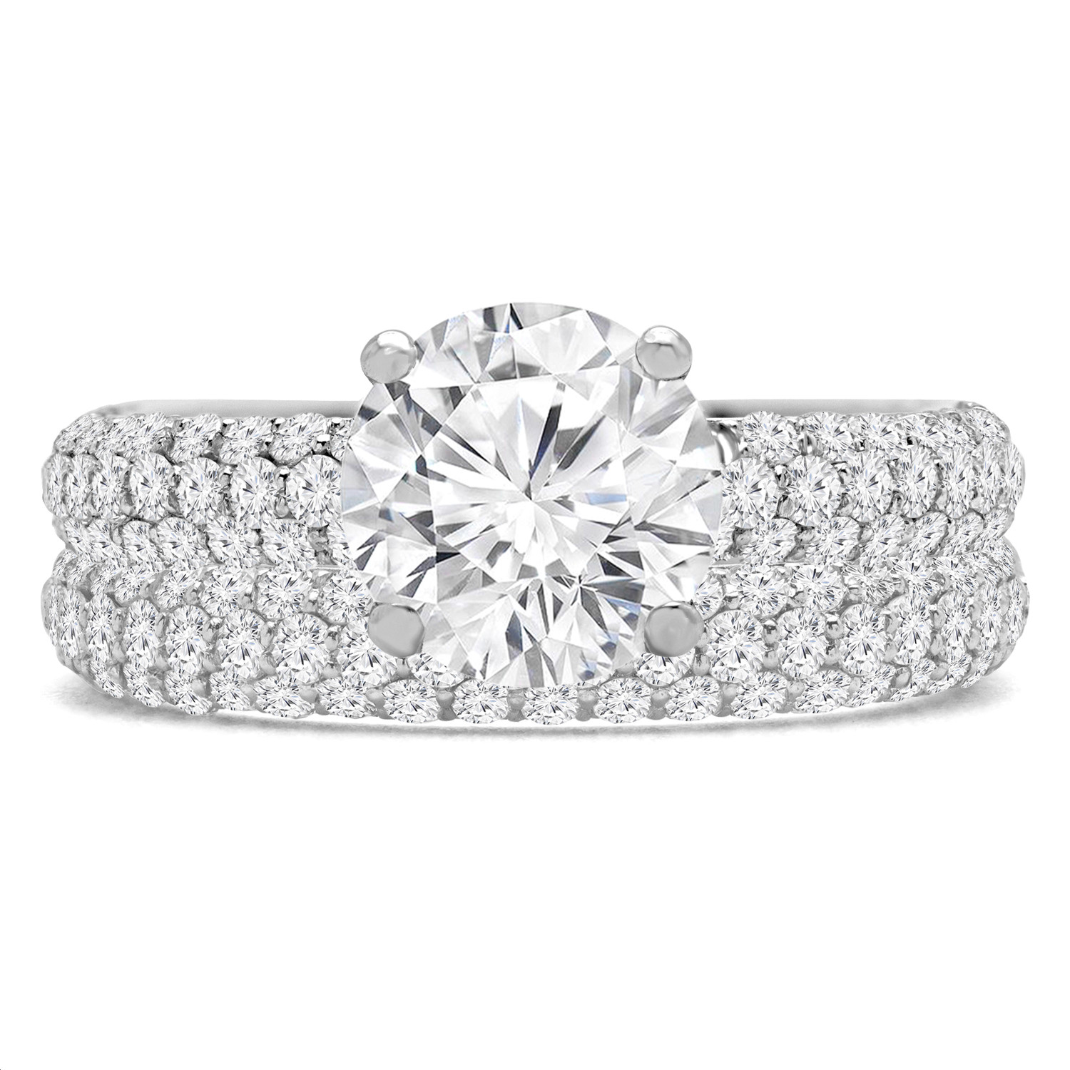 Round Diamond Three-Row Solitaire with Accents Engagement Ring and Wedding Band Set Ring in White Gold (MVS0223-W)