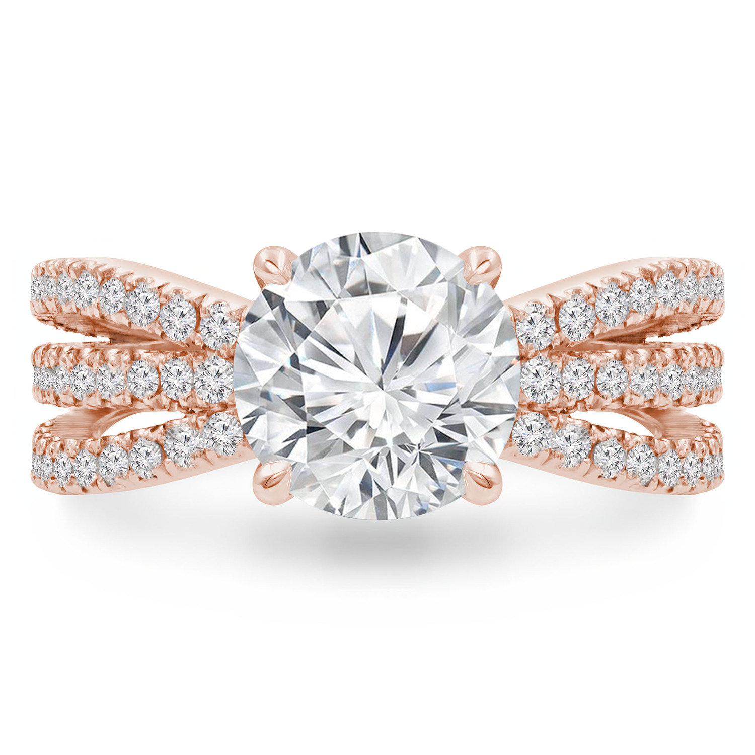 Round Diamond Three-row Split-shank Solitaire with Accents Engagement Ring in Rose Gold (MVS0299-R)