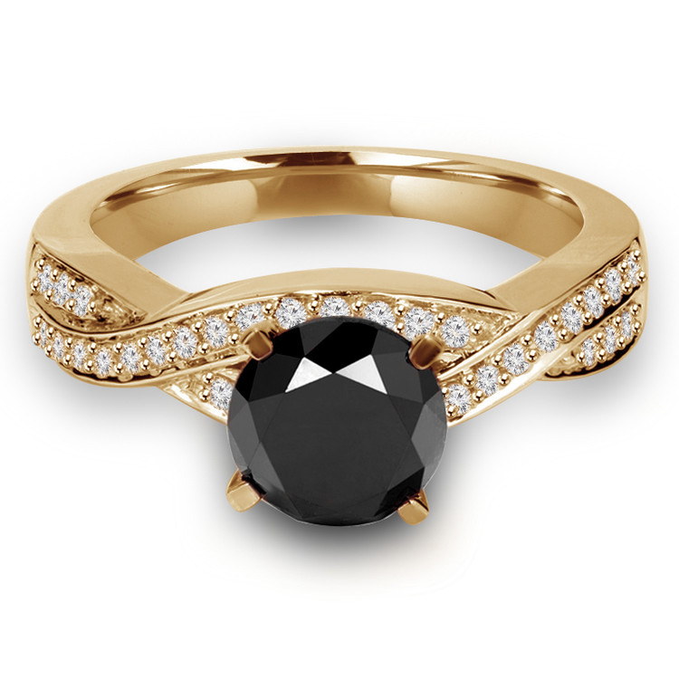 Round Black Diamond Twisted Solitaire with Accents Engagement Ring in Yellow Gold (MVSB0009-Y)