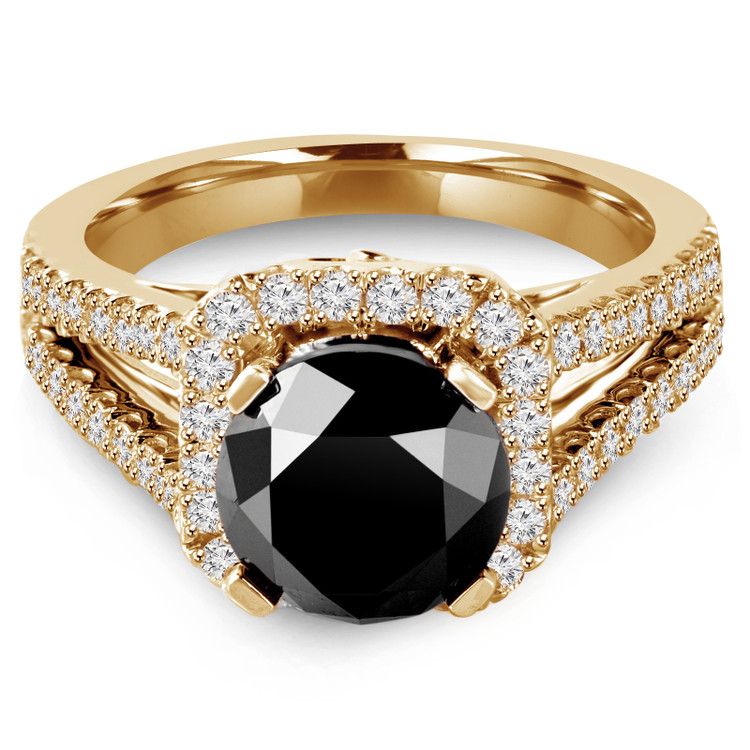 Round Black Diamond Split Shank Cushion Halo Engagement Ring in Yellow Gold with Accents (MVSB0010-Y)