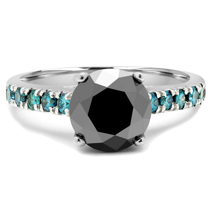 Round Black Diamond Solitaire with Accents Engagement Ring in White Gold with Blue Accents (MVSB0020-W)