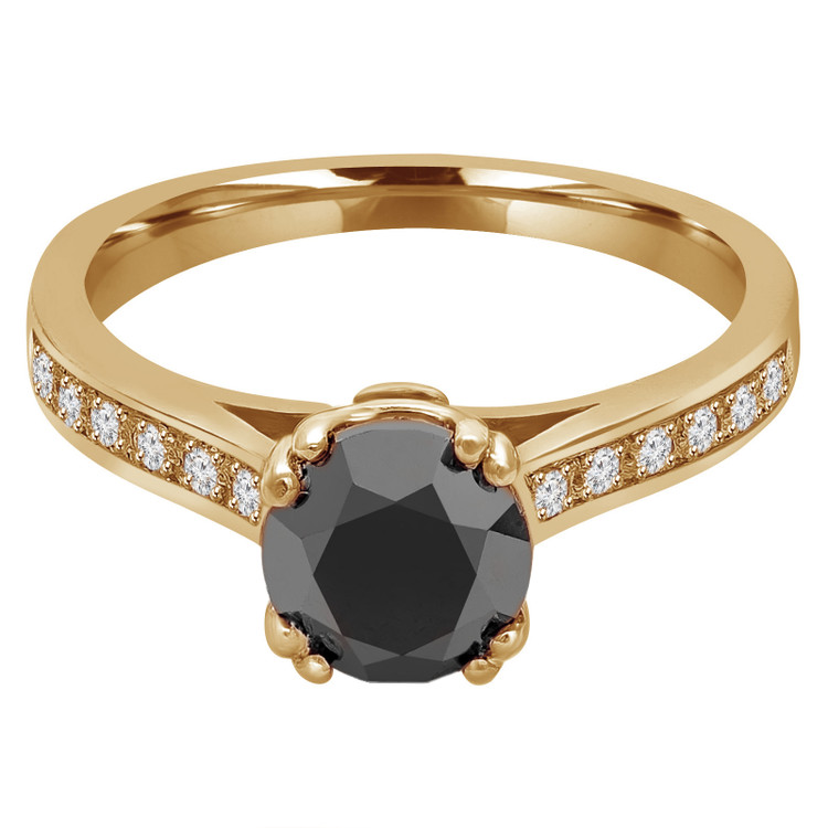 Round Black Diamond Double Prong Solitaire with Accents Engagement Ring in Yellow Gold (MVSB0023-Y)