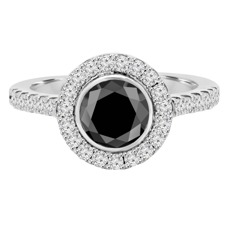 Round Black Diamond Bezel Set Round Halo Engagement Ring in White Gold with Accents (MVSB0038-W)
