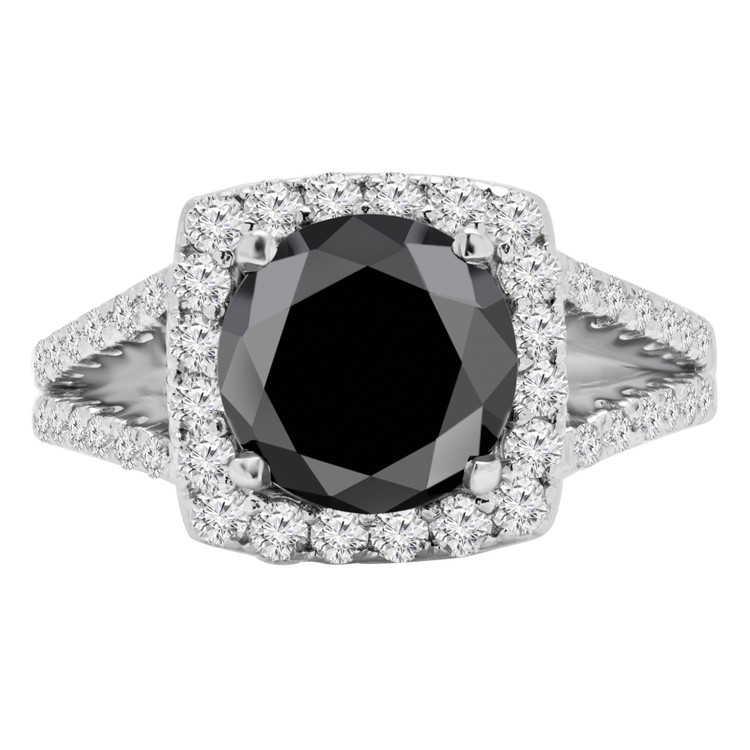Round Black Diamond Split-Shank Cushion Halo Engagement Ring in White Gold (MVSB0041-W)