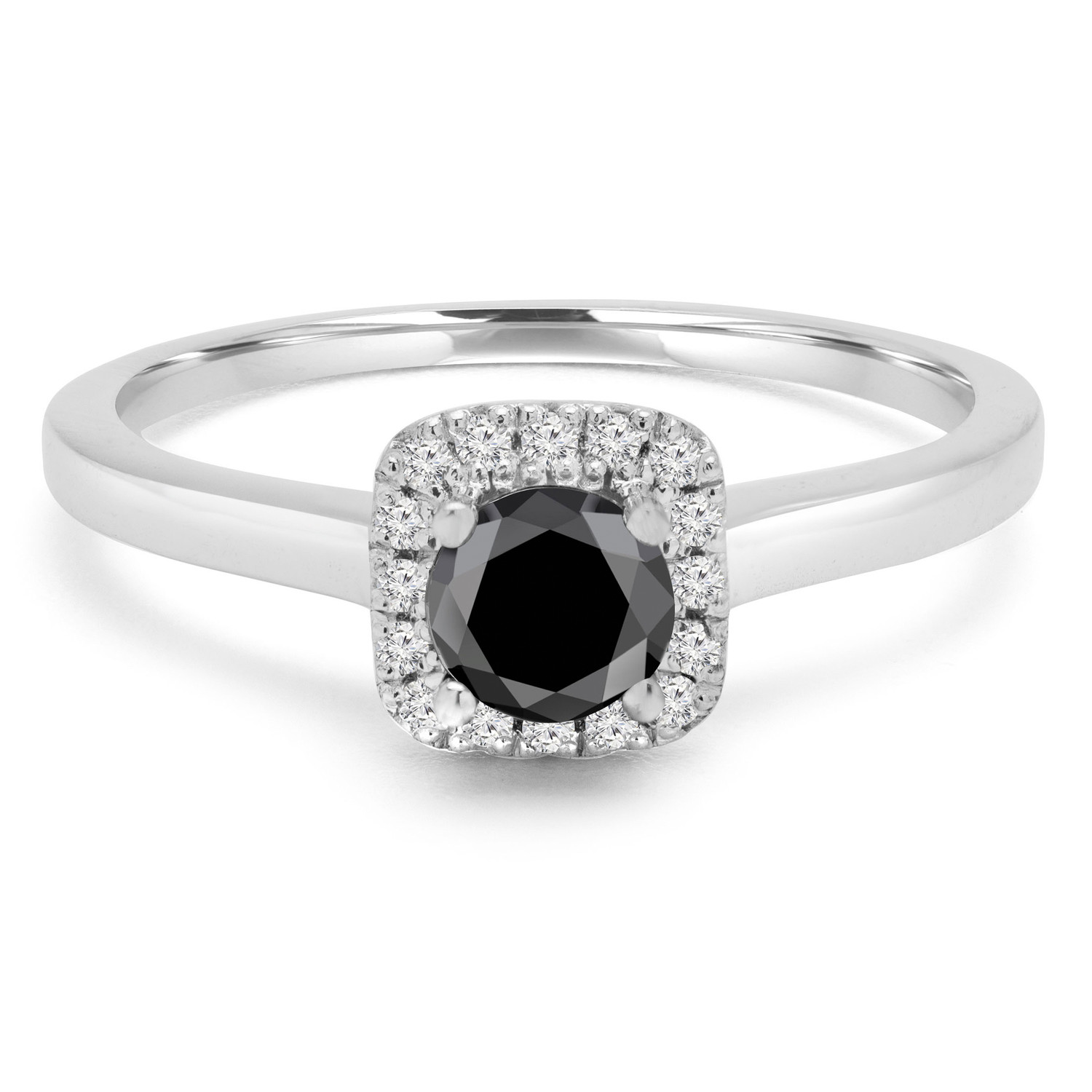 Round Black Diamond Cushion Halo Engagement Ring in White Gold (MVSBL0003-W)