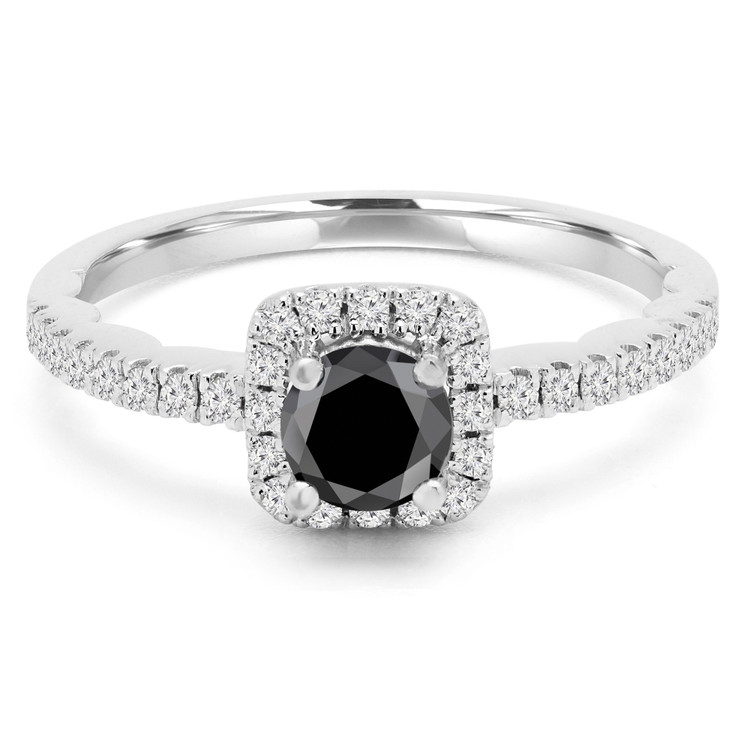 Round Black Diamond Cushion Halo Engagement Ring in White Gold with Accents (MVSBL0004-W)