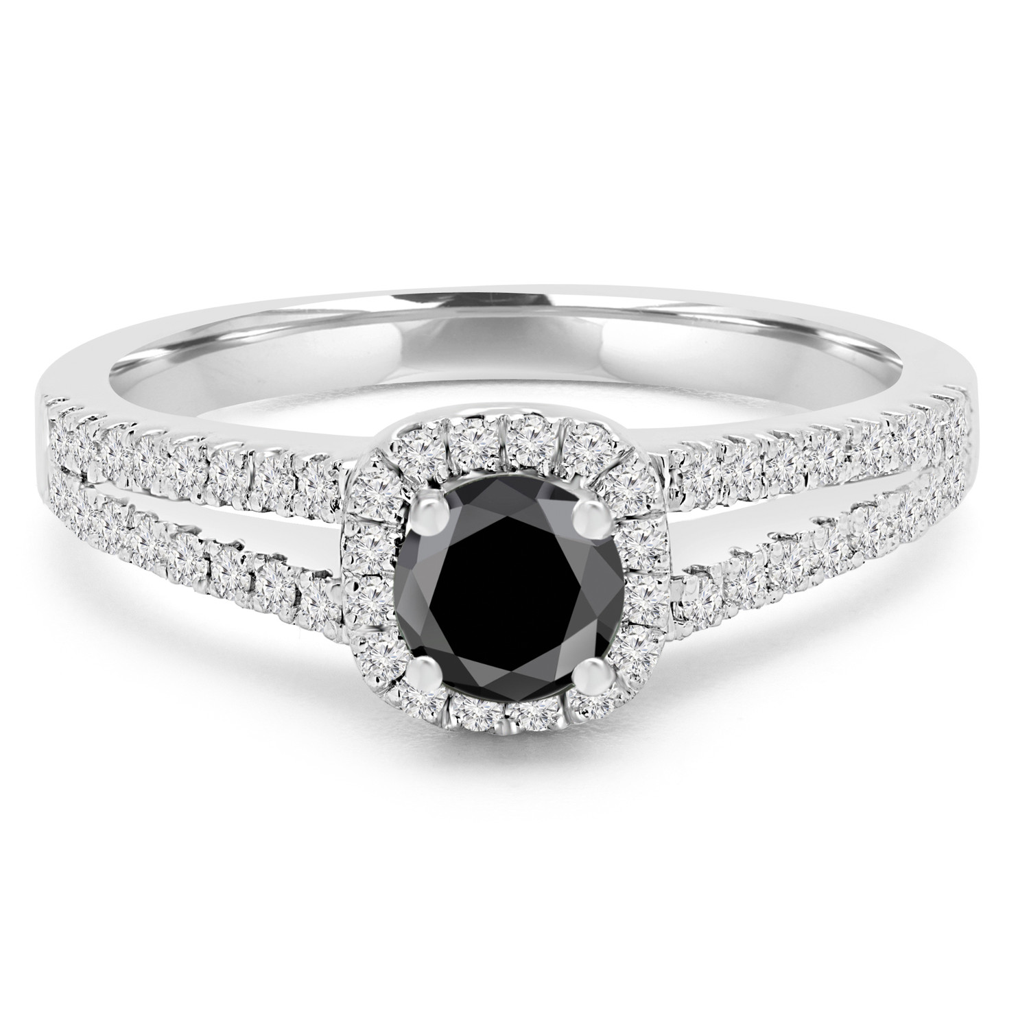 Round Black Diamond Split-Shank Cushion Halo Engagement Ring in White Gold with Accents (MVSBL0005-W)