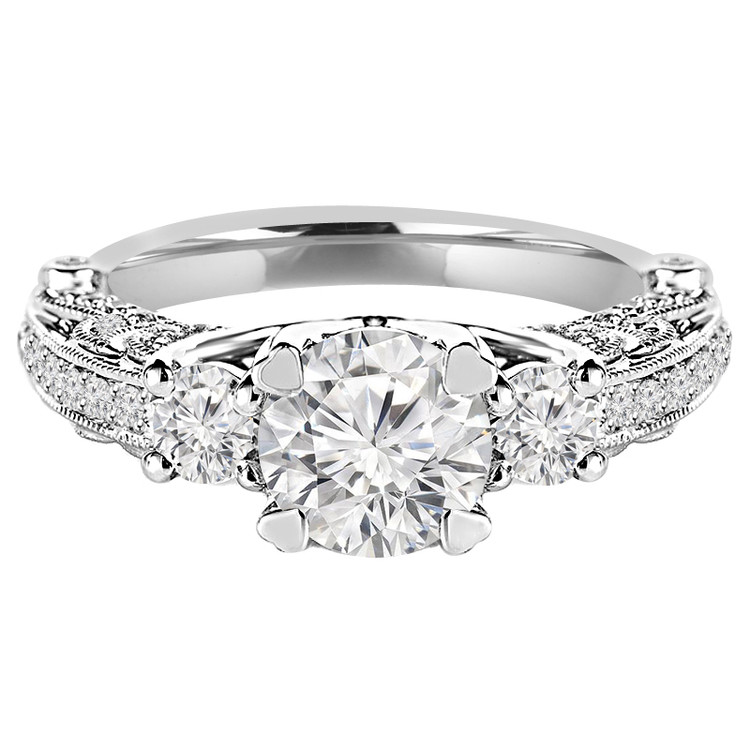 Round Diamond Vintage Three-Stone Engagement Ring in White Gold with Accents (MVSX0012-W)