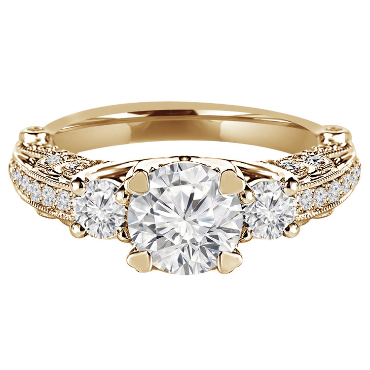 Round Diamond Vintage Three-Stone Engagement Ring in Yellow Gold with Accents (MVSX0012-Y)