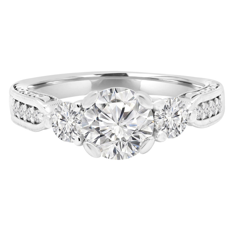 Round Diamond Vintage Three-Stone Engagement Ring in White Gold with Accents (MVSX0016-W)