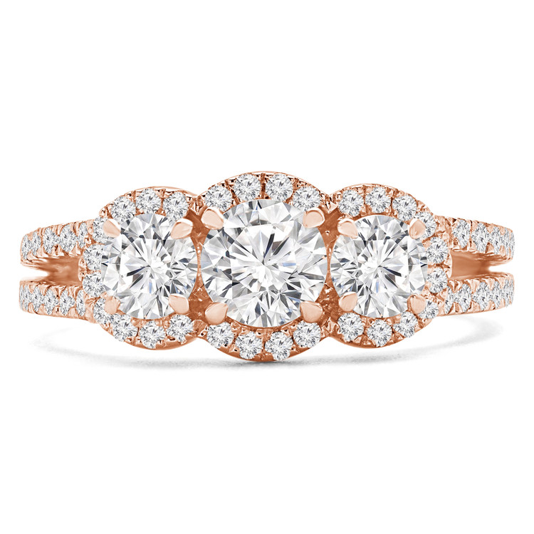 Round Diamond Halo Three-Stone Engagement Ring in Rose Gold with Accents (MVSX0017-R)