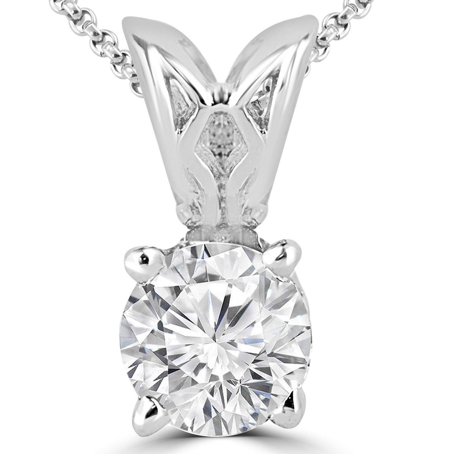 Round Diamond 4-Prong Solitaire Pendant Necklace in 14K White Gold with Chain (MVSP0003-W)